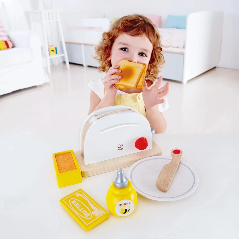 Hape Pop-Up Toaster Set, Kid's Wooden Toy Kitchen Accessory Playset, 7 Pieces